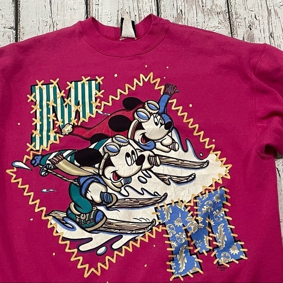 Vintage Mickey and Minnie Mouse Winter Ski Skiing 1990s Crewneck Sweatshirt - Picture 2 of 7